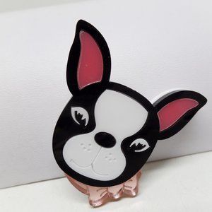 Adorable Acrylic French Bulldog w.Pink Bow Brooch